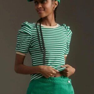 Maeve by Anthropologie Ribbed Green & White w/Tan Trim Puff Sleeve Tee NWT Med